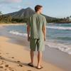 Men's Linen Set, Color Lightweight Button Down Shirt With Pocket And Elastic Waist Breathable Shorts Two-piece Set, Men's Vacation Beach Set