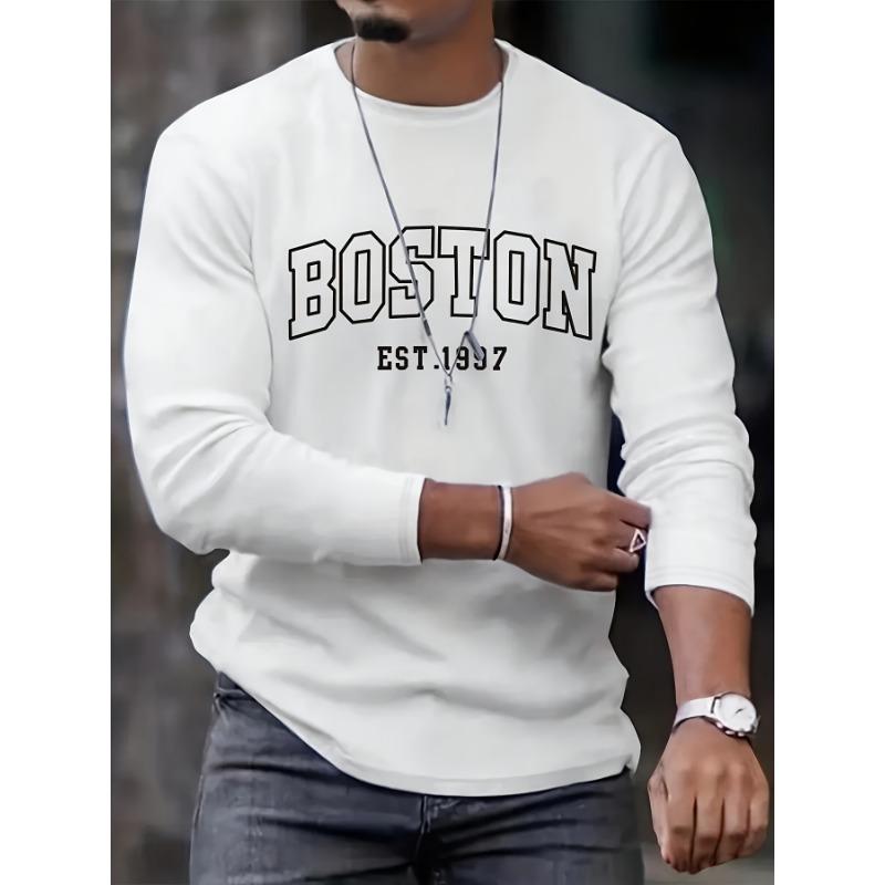 Men's Loose Fit Plus Size Comfortable Casual Sports Boston Letter Printed Round Neck Long Sleeved T-Shirt Top
