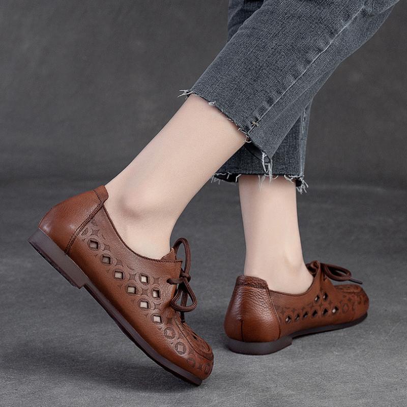 Johnature Sandales d'été confortables et décontractées ajourées pour femmes, chaussures plates respirantes à lacets en cuir véritable, semelle souple