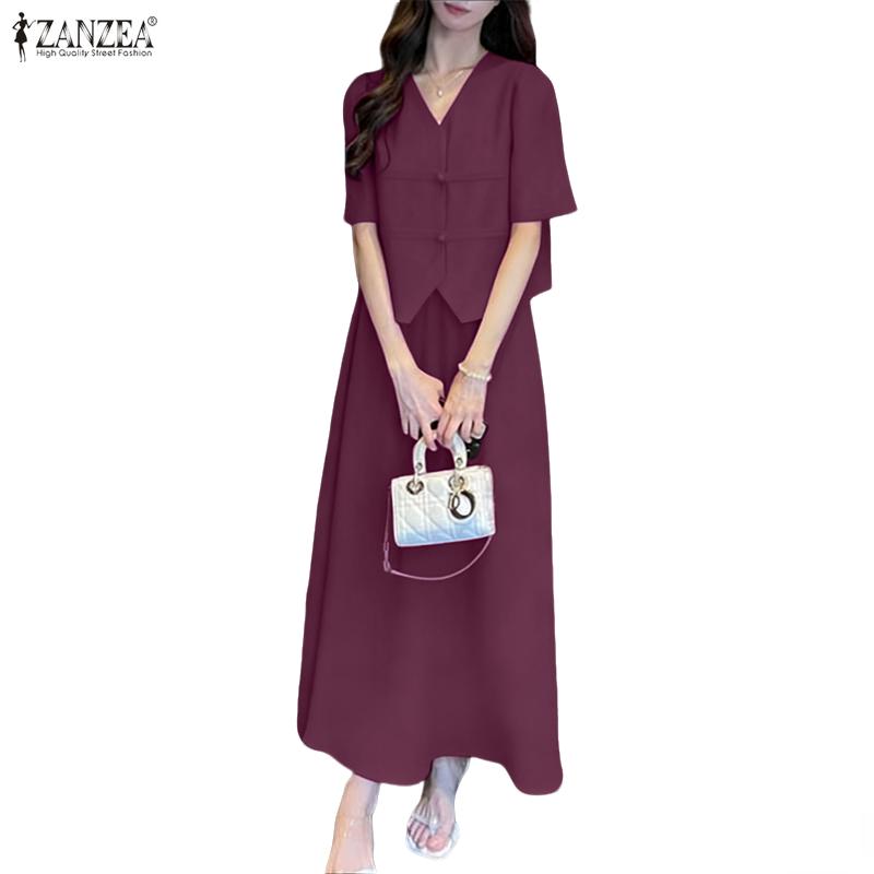ZANZEA Women Short Sleeve Blouse and Long Skirts Summer Two Piece Suit Sets