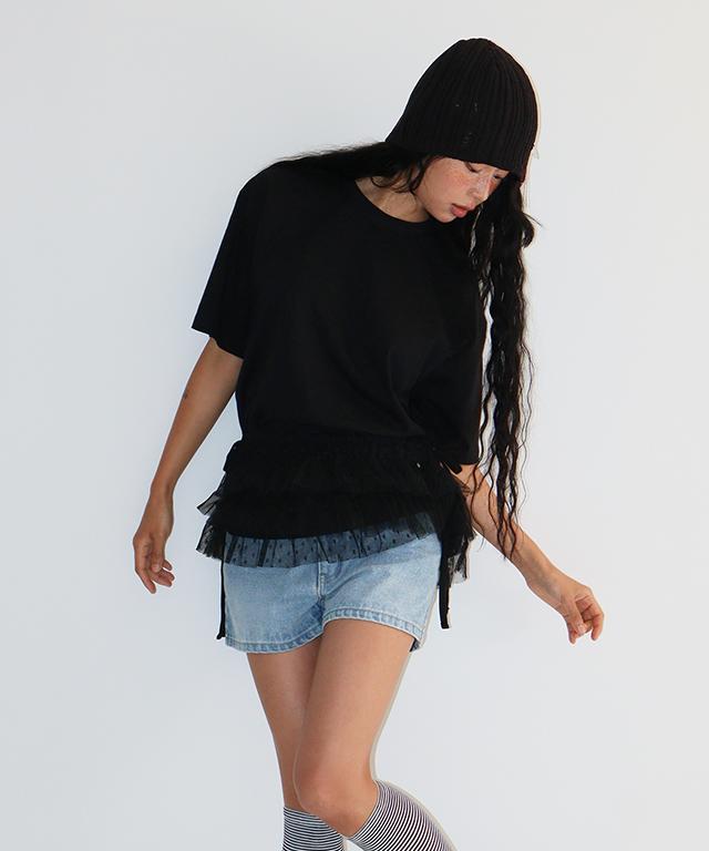 RONRON Double Layered Shirring Short T Shirt Black