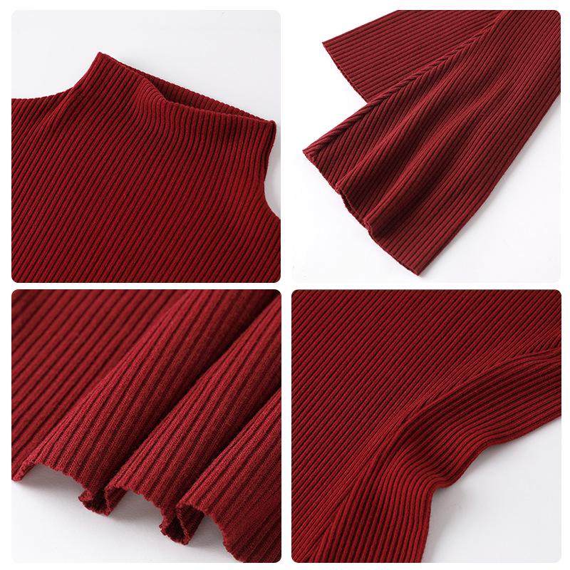 Women's Red Slim Knit High-Neck Dress with Inner Layer - Perfect for Autumn & Winter, New Year Outfit.