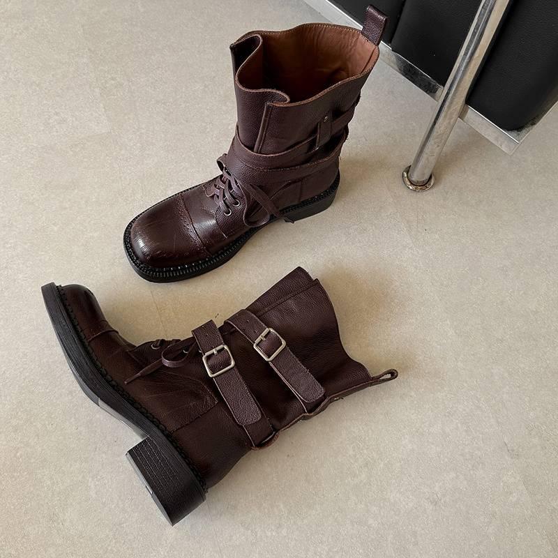 Autumn and Winter Large Tube Knight Boots Women's Leather Large Size Women's Boots Sleeve Solid Color Cowhide Rubber Sole Versatile Medium Tub