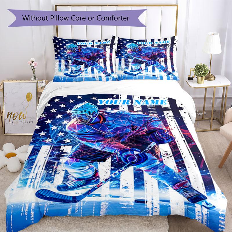 3PC Custom Name Hockey Player Action Bedding Set Printed Bedding Set Duvet Cover Closure Includes 1 Duvet Cover & 2 Pillowcases for All Seasons Bedroo