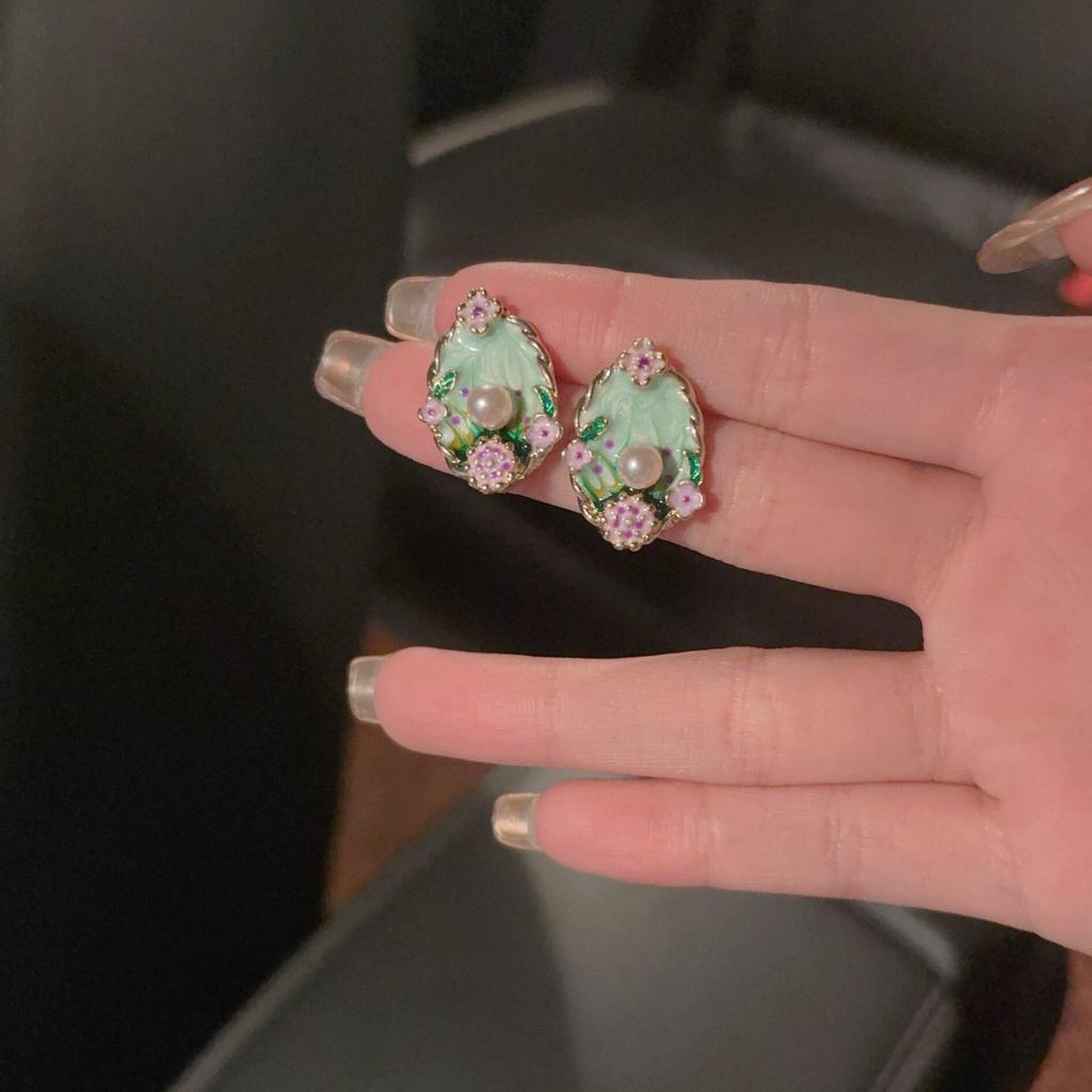 Monet Garden Drip Oil Flower Pearl Earrings - Luxury Oil Painting Design Pearl Studs with a Niche, High-End Feel.