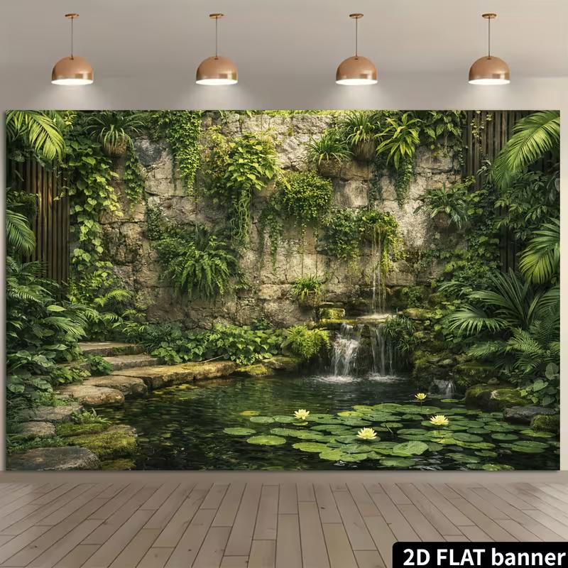 2D Lush Greenery Wall Mural with Waterfall and Lily Pads Photo Background