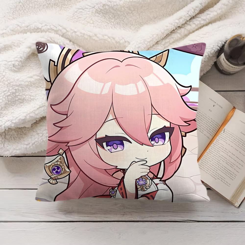 Yae Miko Cute Genshin Impact Cushion Cover Silky Short Plush Invisible Zipper Dustproof Sofa Pillow Case For Home Decor