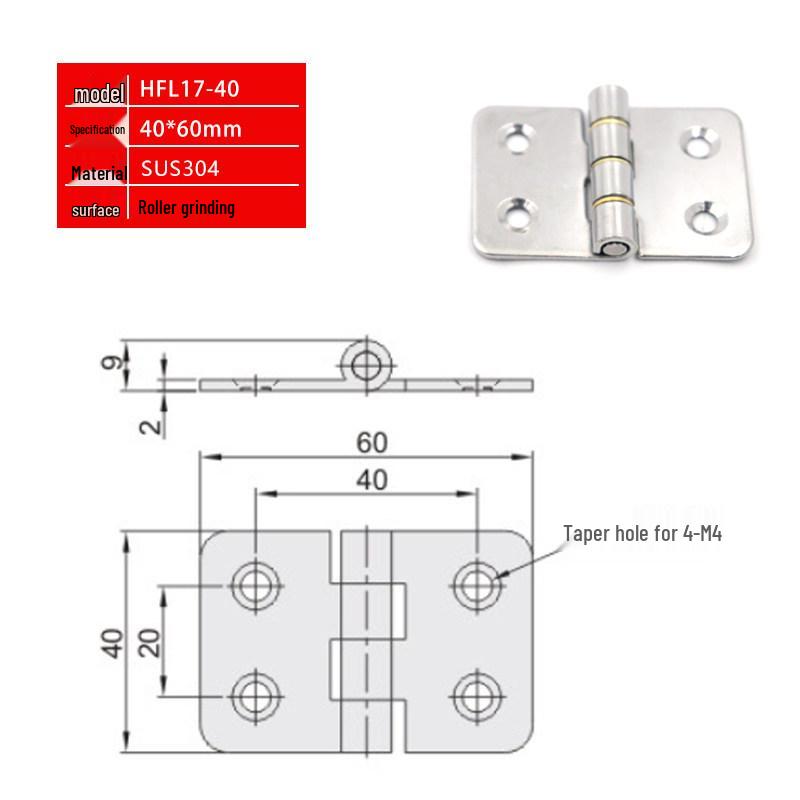 Stainless Steel Flat Tapered Hole Butterfly Hinge, 40x60x2mm Thick, Marine-Grade