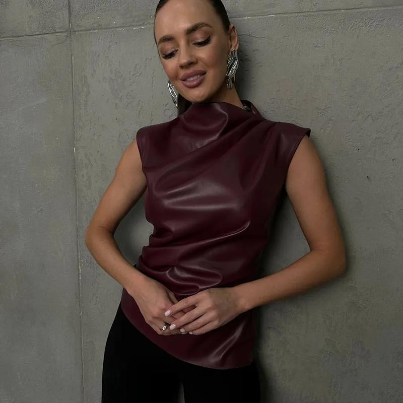 PU-Leder Tanktop Damen Asymmetrisch Raffiniert Sexy Stehkragen Plissiertes T-Shirt 2026 Frühling Neues Top Weste Camisole