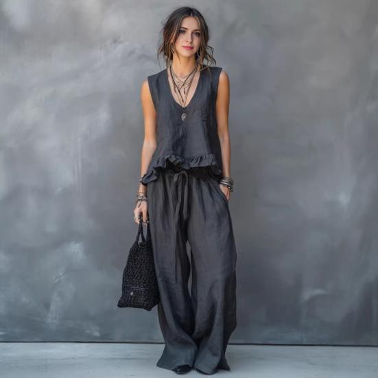 Summer Ruffle 2 Piece Sets for Women Sleeveless V Neck Tank Top And Wide Leg Pants Sets Casual Loose Loungewear Outfits