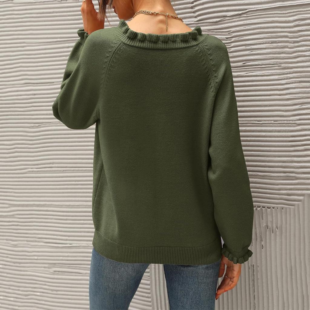 Women's Fashion Knit Casual Long,Sleeve Button,Front Ruffled Pullover Sweater