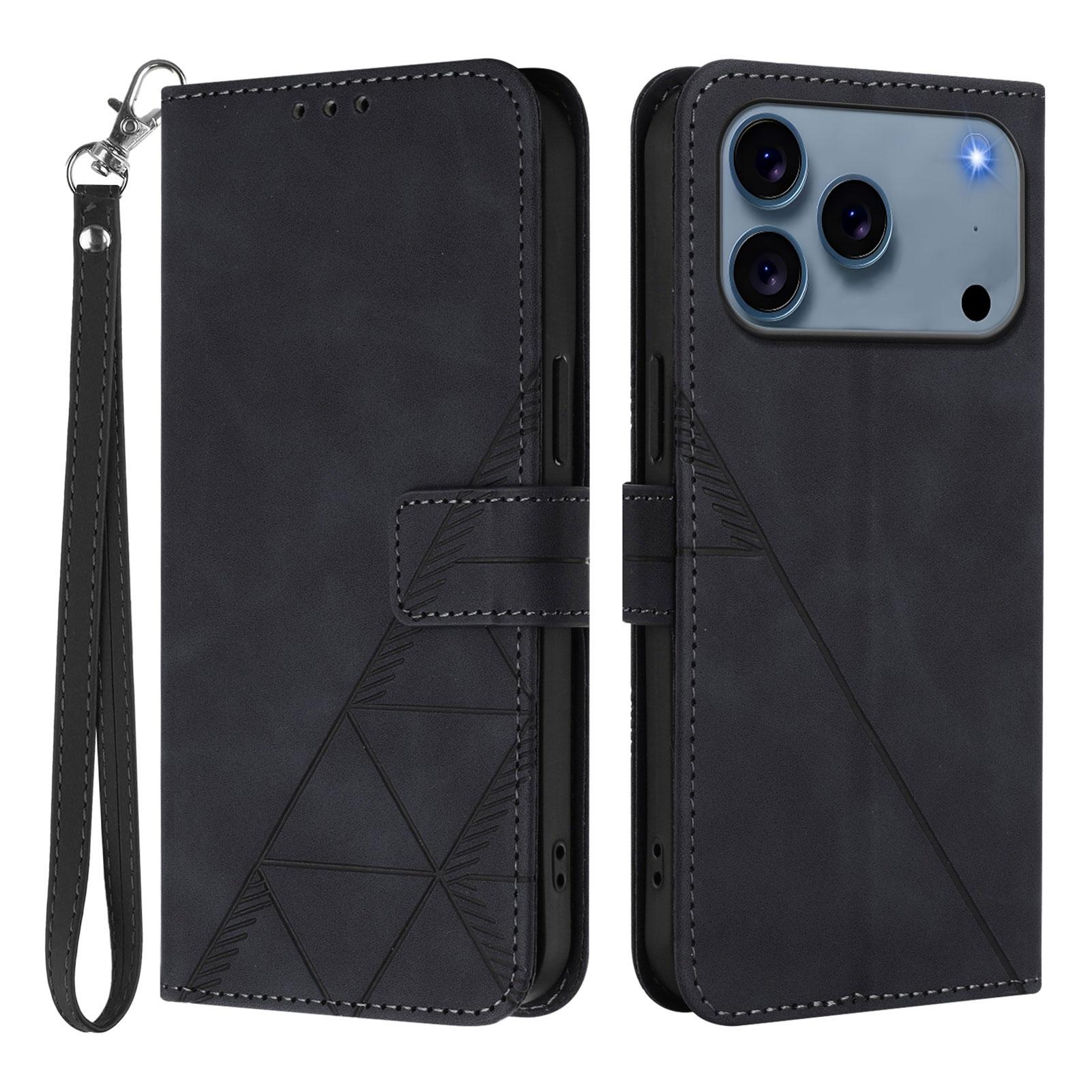 

For iPhone 17 Pro Leather Case with Hand Strap Wallet Stand Phone Cover Black