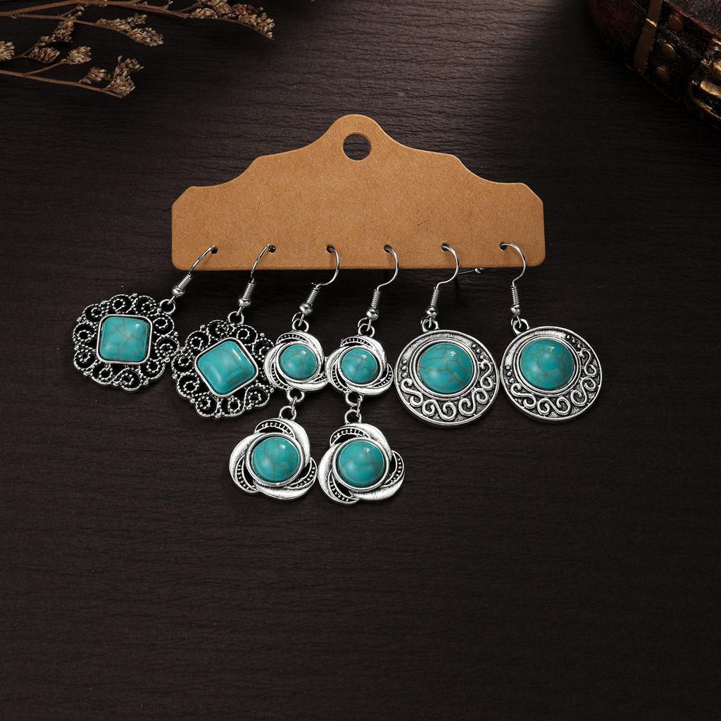 3 Pairs of Retro Hollowed Out Flower Inlaid Turquoise Water Droplet Pendant Geometric Earrings, Fashionable and Versatile