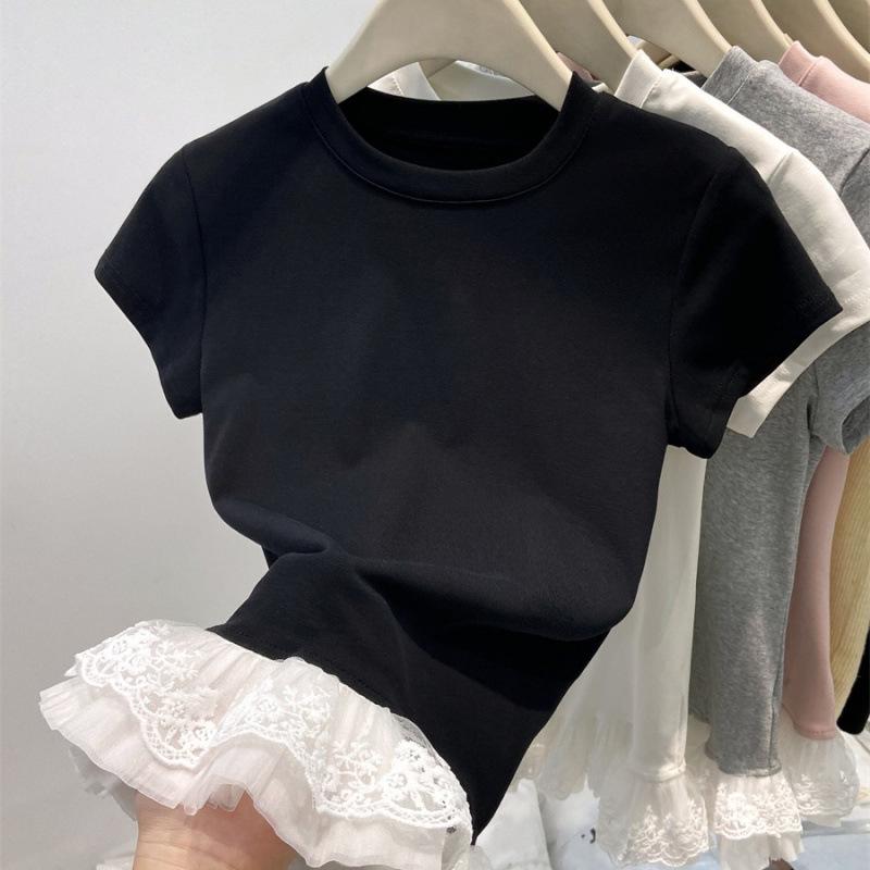 

2025 Summer Women s Lace-Trimmed Short-Sleeve T-Shirt - Chic & Slimming L