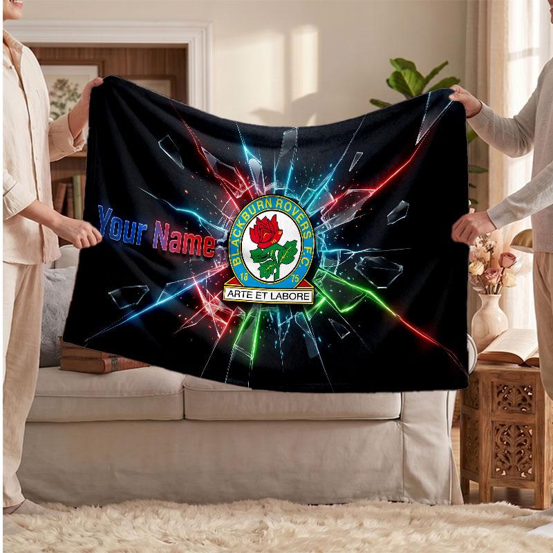 Blackburn Rovers FC Personalized Fleece Blanket With Football Logo, Custom Name Text Soft Warm Home Throw Blanket