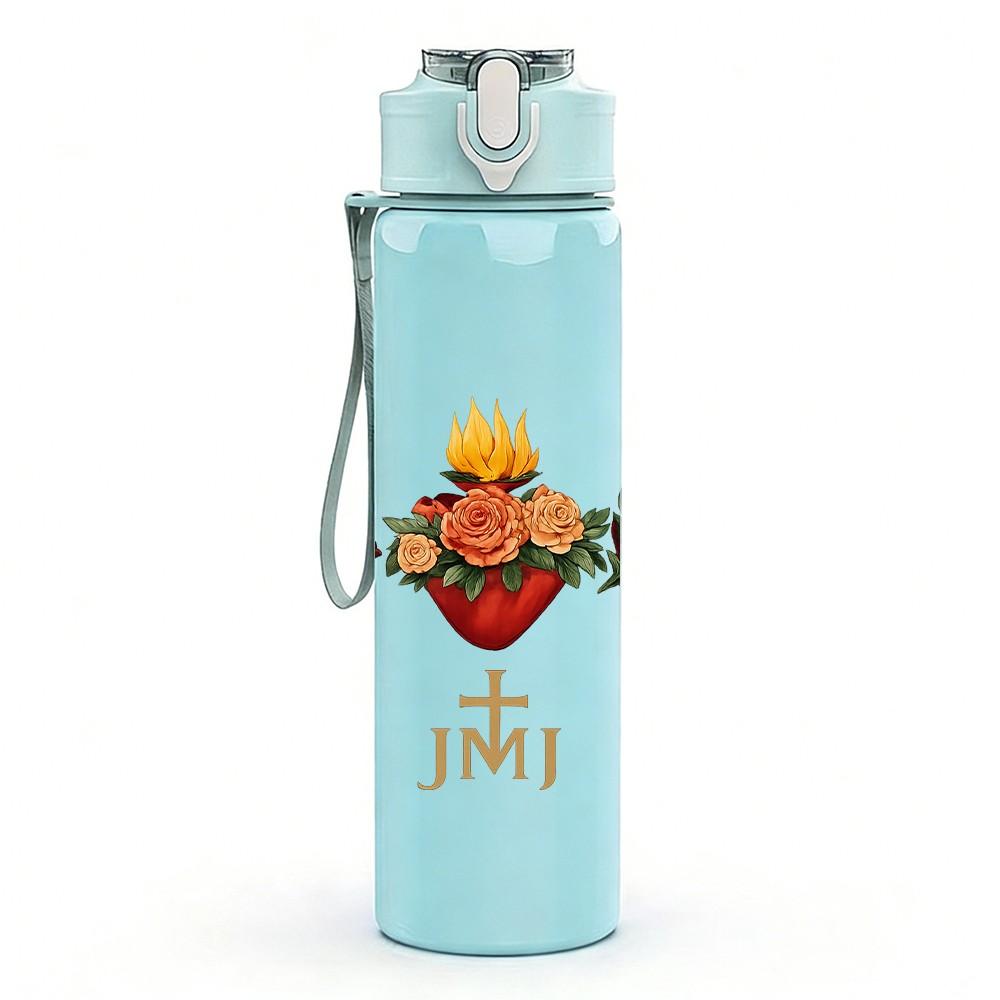 1PC Sacred Hearts JMN Floral 750ml Color Plastic Sports Water Bottle Leakproof Flip Straw Lid Suitable for Sports Office Home Use