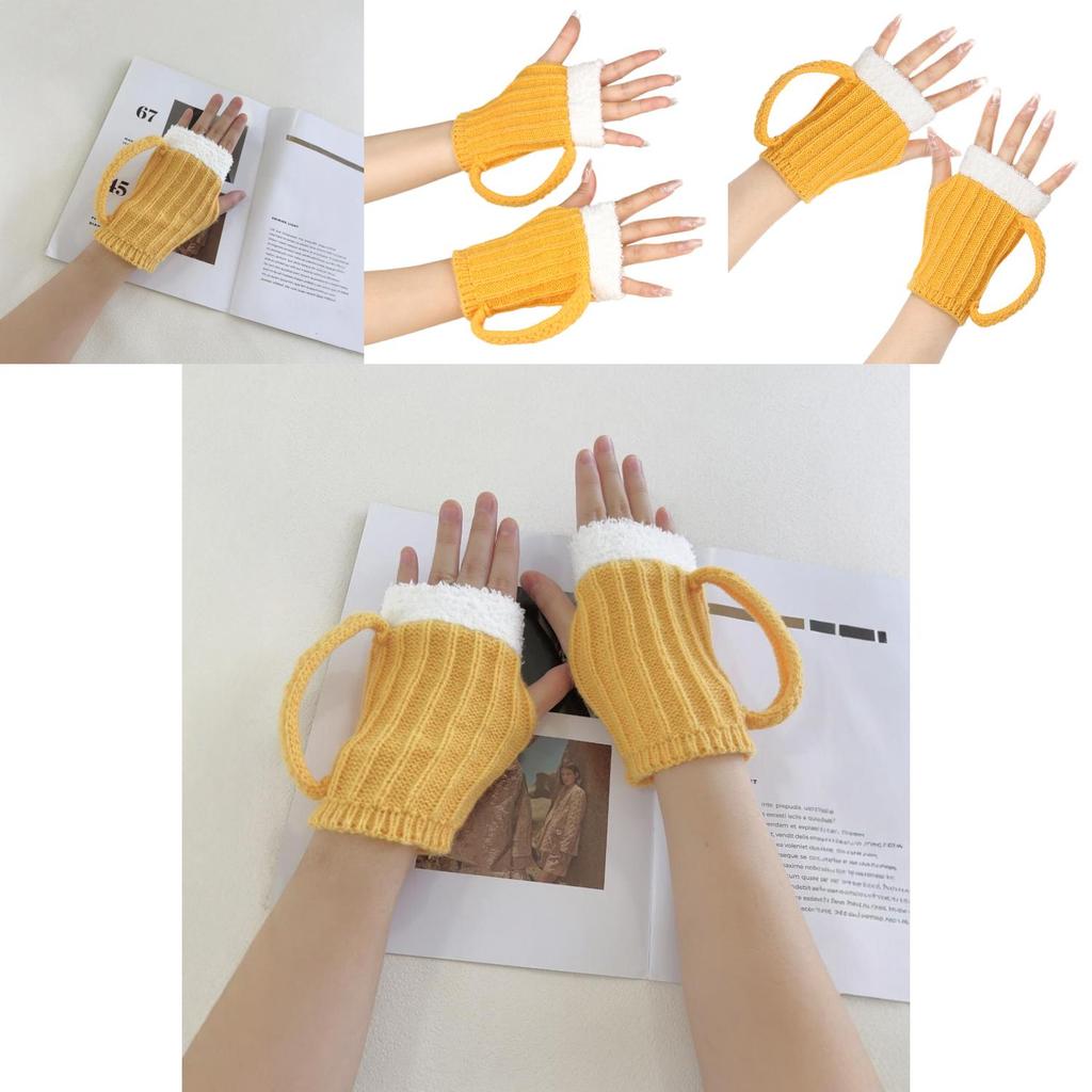 Unique 3d Design Yellow Fingerless Gloves For Winter Beer Lovers Cozy And Stylish