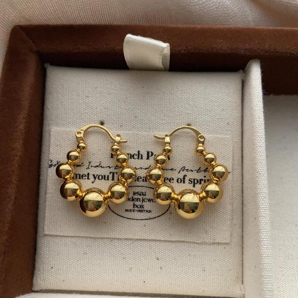 Gold Round Beads, Ring Earrings, Ear Buckles, Retro Light Luxury, Geometric Sense Of Order, Exquisite Three-Dimensional Personality, Unique