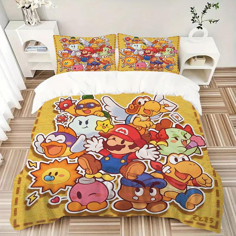3pcs bedding set Mario Characters Includes 1 Comforter + 2 Pillowcases, Without Pillow Inserts, Soft Comfortable,a0910257