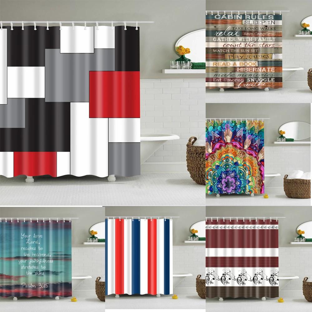 Wooden Door Shower Curtains Bathroom Curtain Stripes Letters Printed Waterproof Bath Screen Curtain for Home Decor with Hooks
