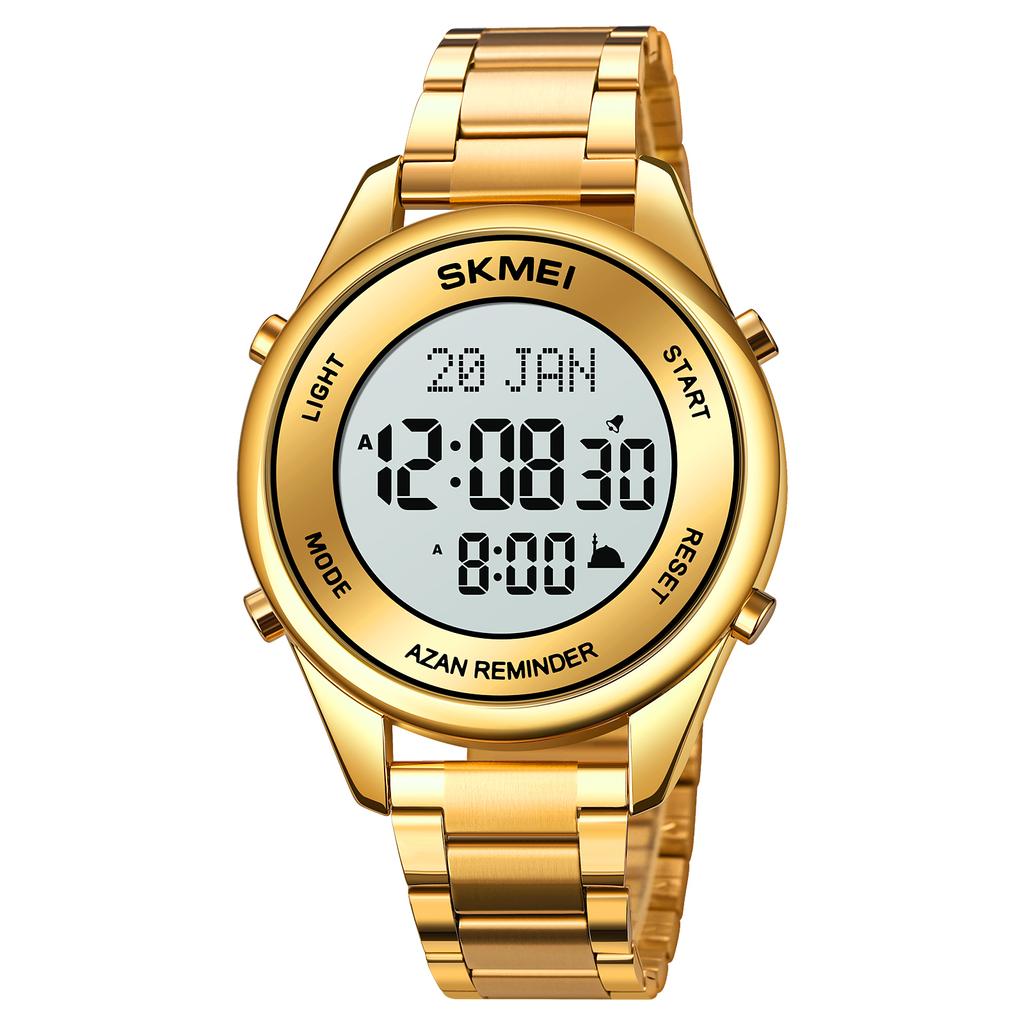 SKMEI New Stainless Steel Muslim Azan Men Watch for Prayer with Qibla Compass Adhan Alarm Hijri Islamic Wristwatch Montre Homme