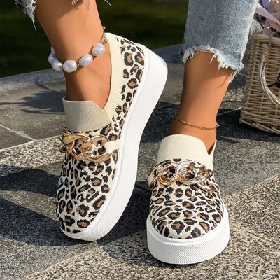 Chaussures d'automne pour femmes grandes tailles à la mode, bout rond, empeigne profonde, maille Flyweave respirante, chaîne en métal, plateforme simple