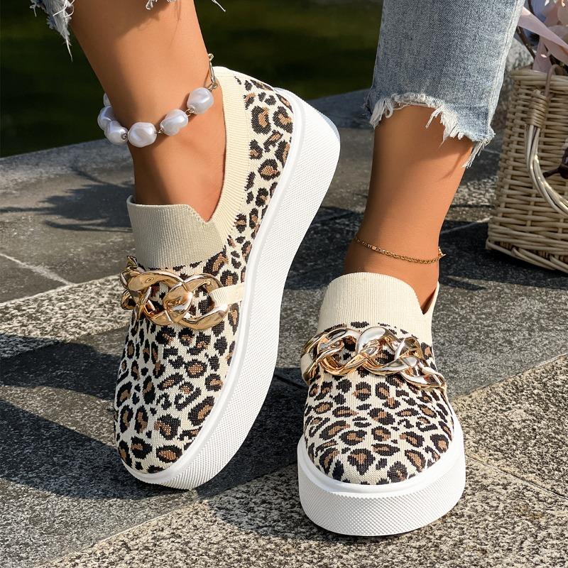 Fashion Plus Size Women's Shoes Autumn New Round Toe Deep Mouth Flyweave Mesh Breathable Metal Chain Platform Single