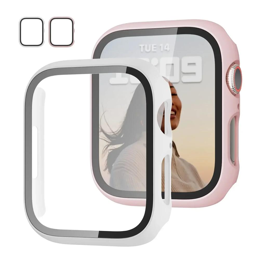 2PCS Tempered Glass+cover For Watch Case 44mm 40mm 42mm 41mm 45mm PC bumper Screen Protector iWatch series 9 8 7 6 5 3 se