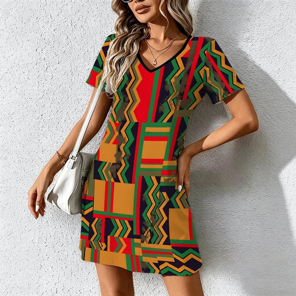 Zomer Mode Dames V-hals Korte Mouw Abstract Patroon Gedrukt Jurk Sexy Korte Rok Jurken