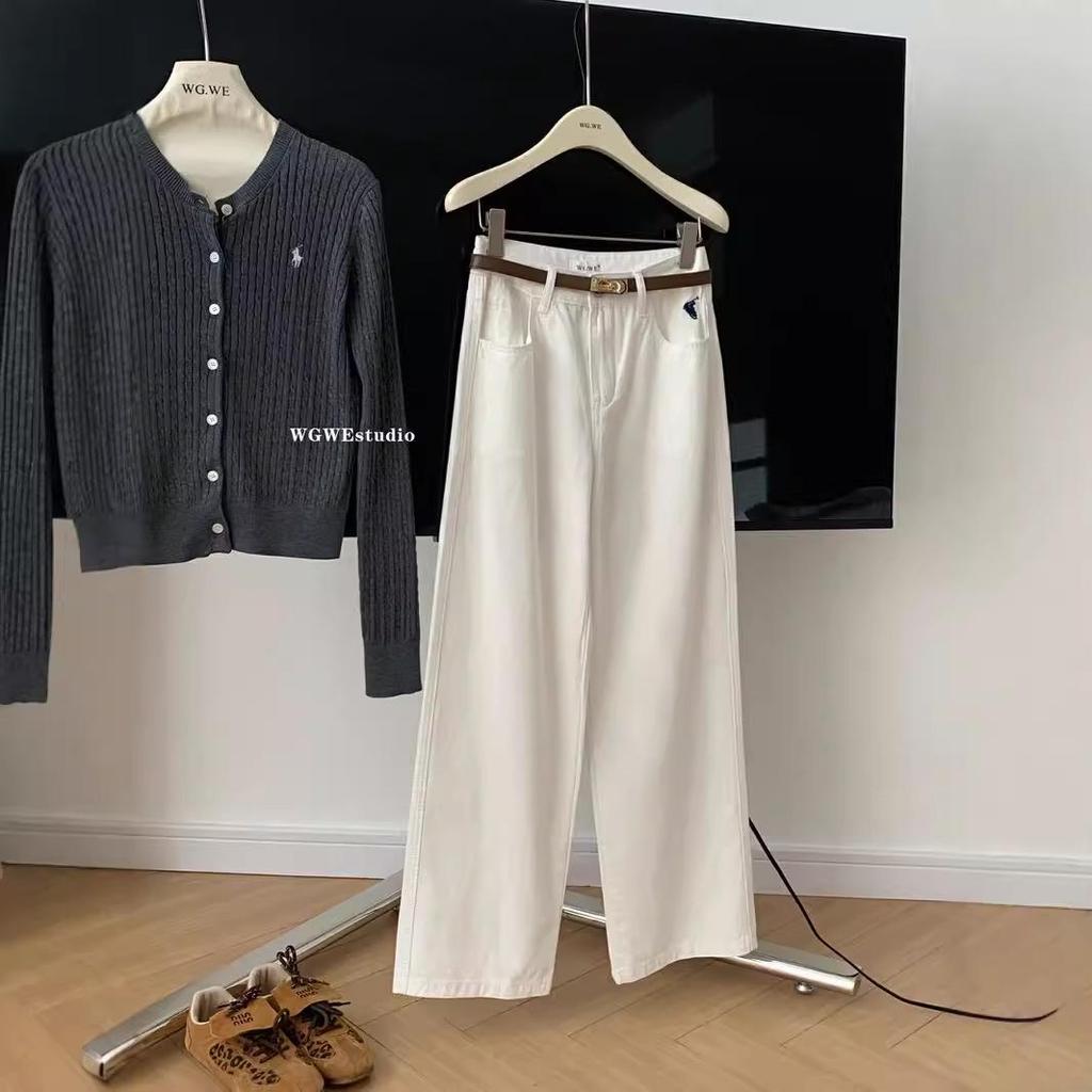 Women's Yuppie White Wide-Leg Pants - Straight Casual Autumn Trousers, Style 9727