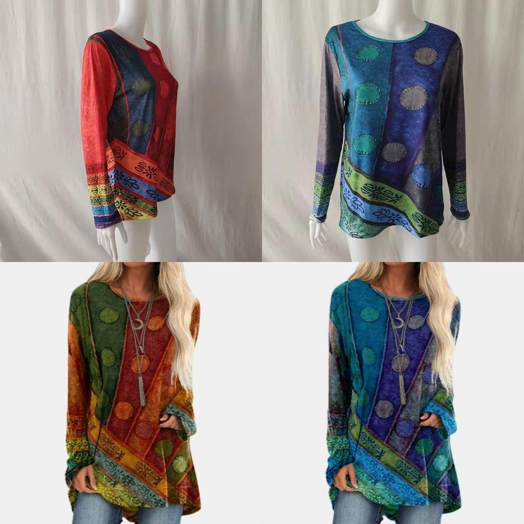 Plus Size Womens Hippie Boho Long Sleeve Tops With Soft Material And Floral Pattern