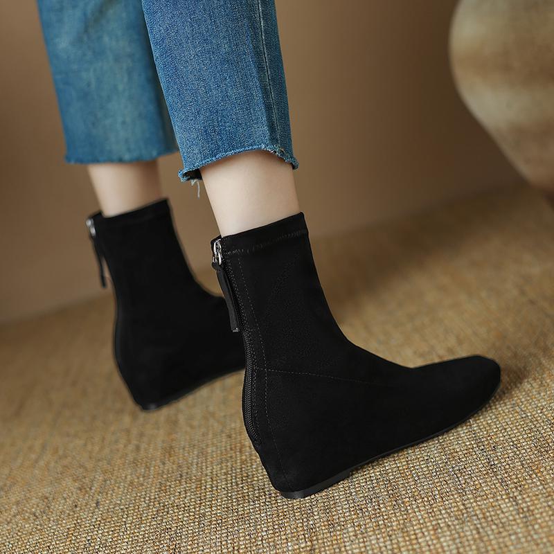 Krazing Pot Flock Autumn Winter Shoes Retro Fashion Wedges Heels Size 43 Zipper Square Toe Keep Warm Ankle Boots