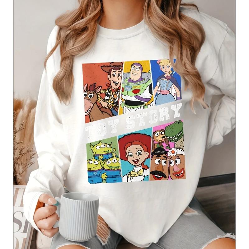 Round Neck 3D "Toy Story" Printed Casual Long Sleeved Women's T-shirts - Soft Medium Stretch Polyester Fabric Spring and Autumn Relaxed Fit Clothing
