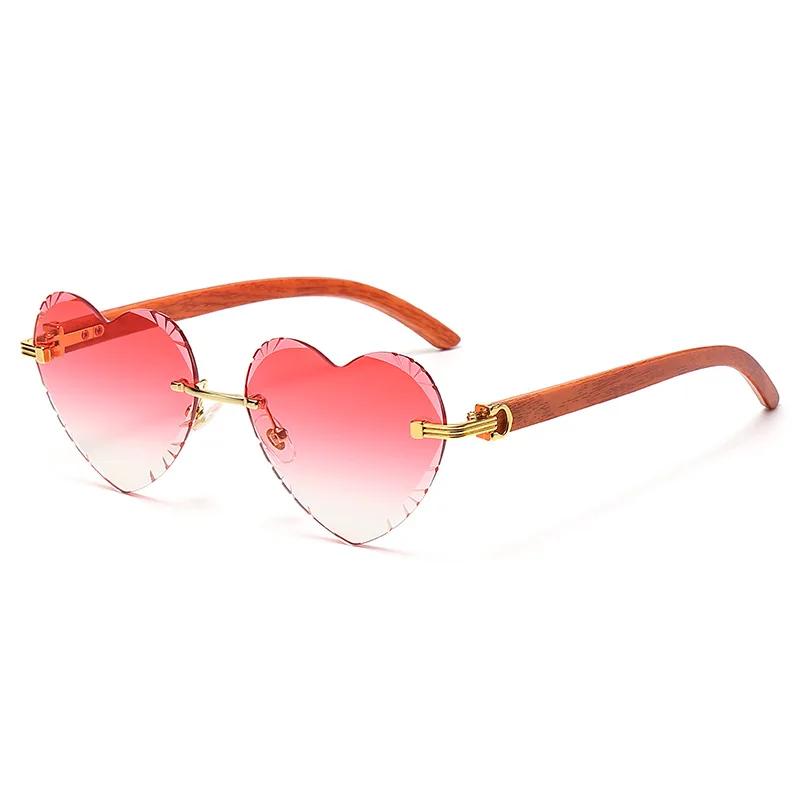 Fashion Women Rimless Heart Shaped Sunglasses Gradient Outdoor Goggles Female Eyewear UV400 Shades Wooden Women Girls Sunglasses