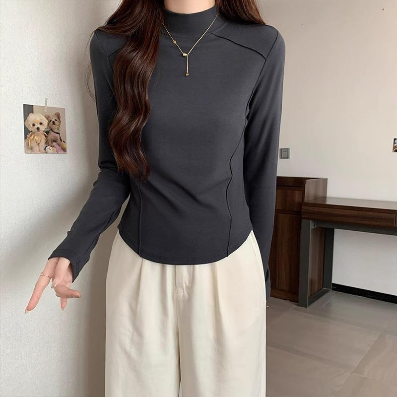Long-sleeved bottoming shirt, T-shirt for women, half turtleneck, fishbone waist, layered inner layer, autumn and winter velvet warm top