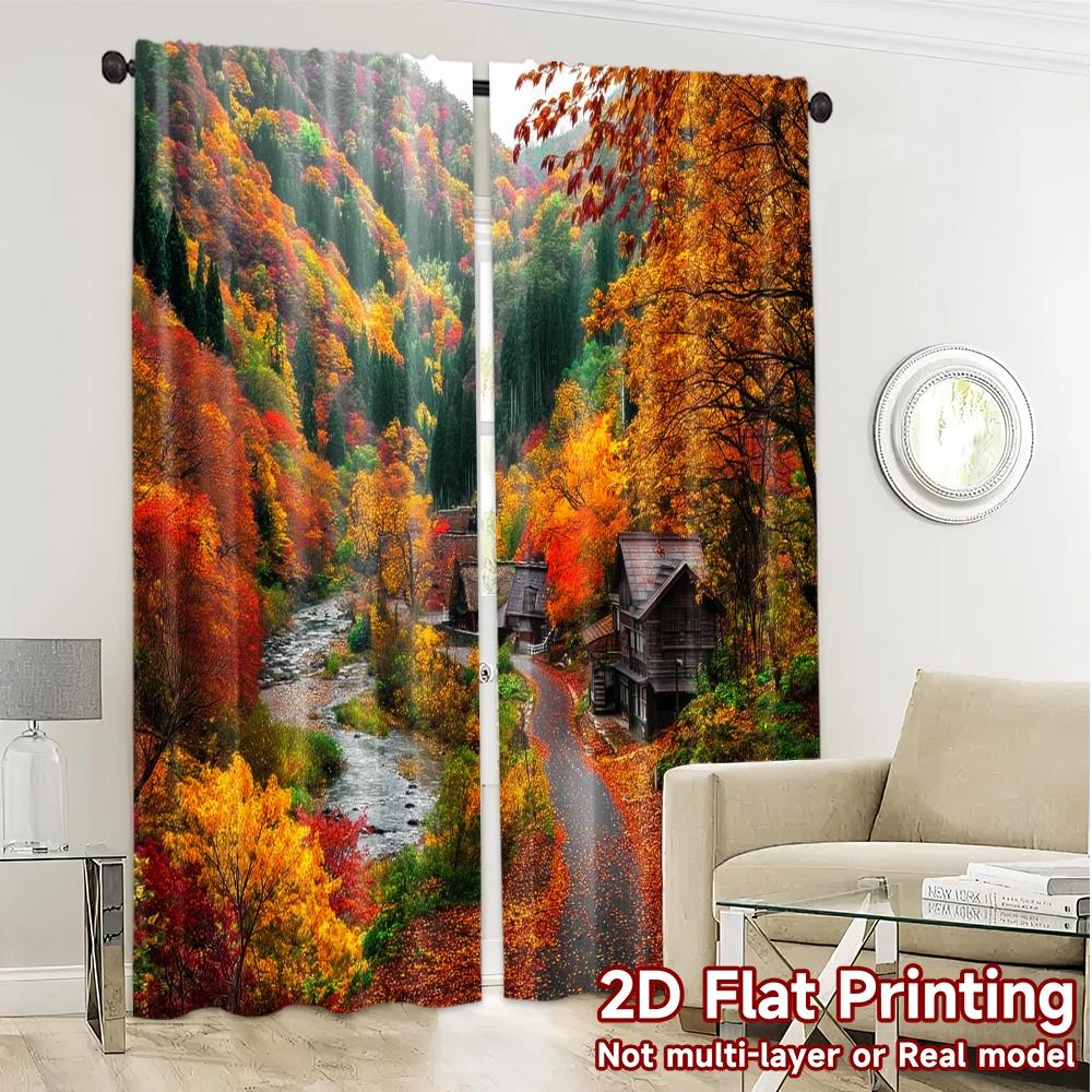 2pcs, 2D FLAT PRINTING Curtains (Without Rod) Autumn Pathway Chic Print Curtains Durable 100% Polyester Fabric Curtains Thermal