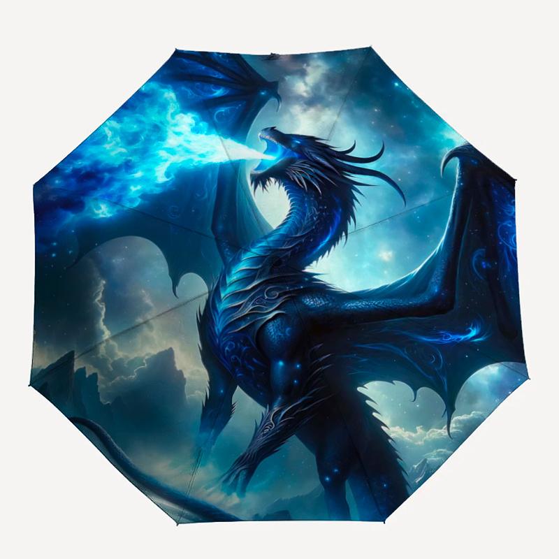 1pc Blue Dragon Fantasy Artwork Pattern Beautiful Looking Automatic Folding Umbrella, 3 Folding, 8 Iron Frame Design, Durable and Suitable for Tr