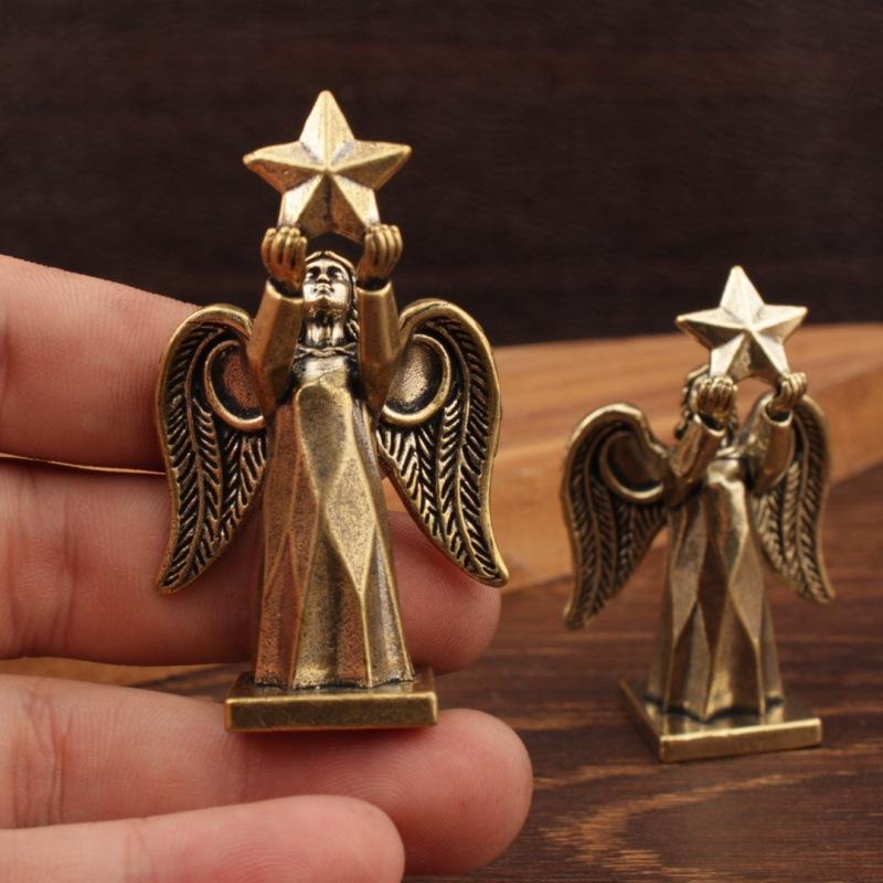 1/2Pcs Small Brass Angel Statue Vintage Metal Finish Star Holding Design For Home Desktop Shelf Decor Holiday Gifts
