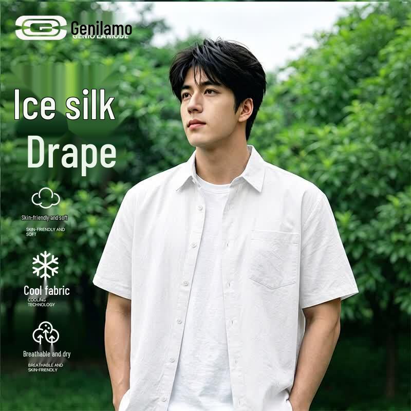 GENIOLAMODE Men's Ice-Silk Short Sleeve Casual Shirt