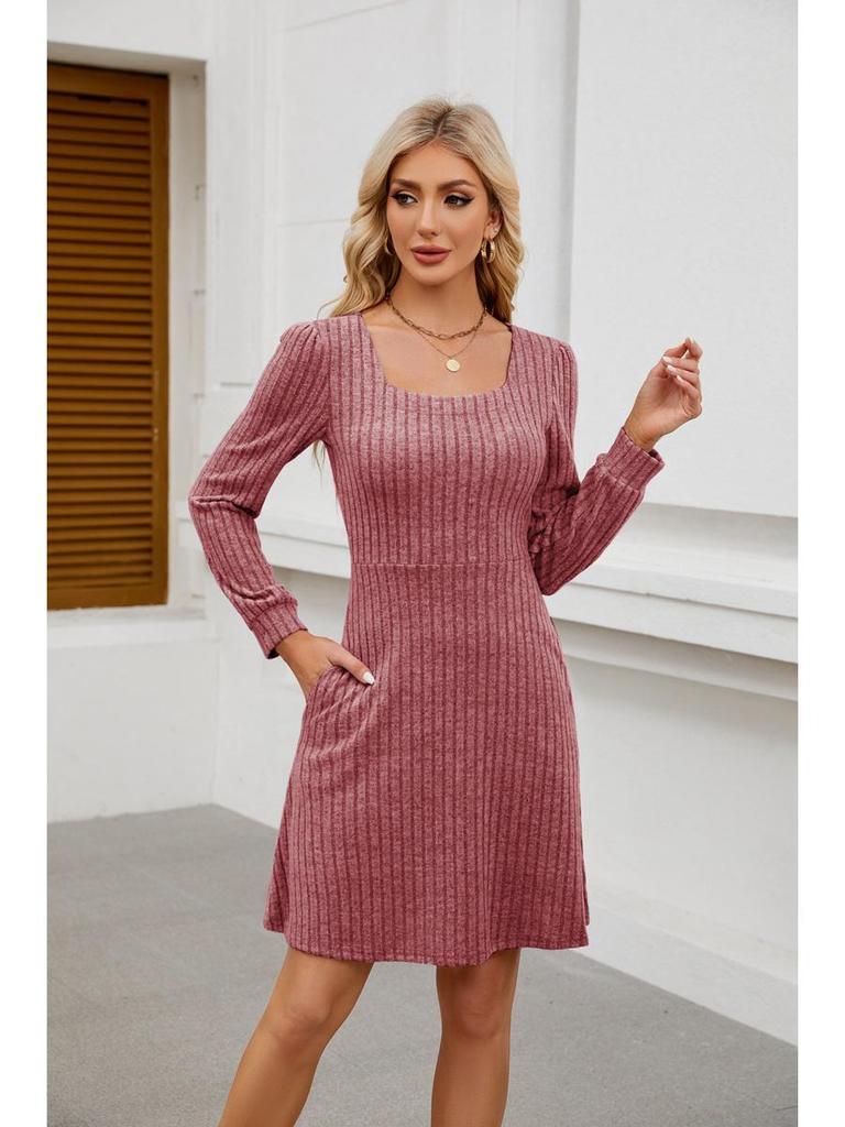 2025 Women's Square Neck Pocket Knit Sweater Dress - Long Sleeve Casual Fashion