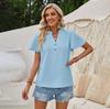Spring Summer Fresh Casual Women'S Pullover Plaid V-Neck Button Lace Collar Decoration Slim Straight Tube Short Sleeved Top T-Shirt Blouse