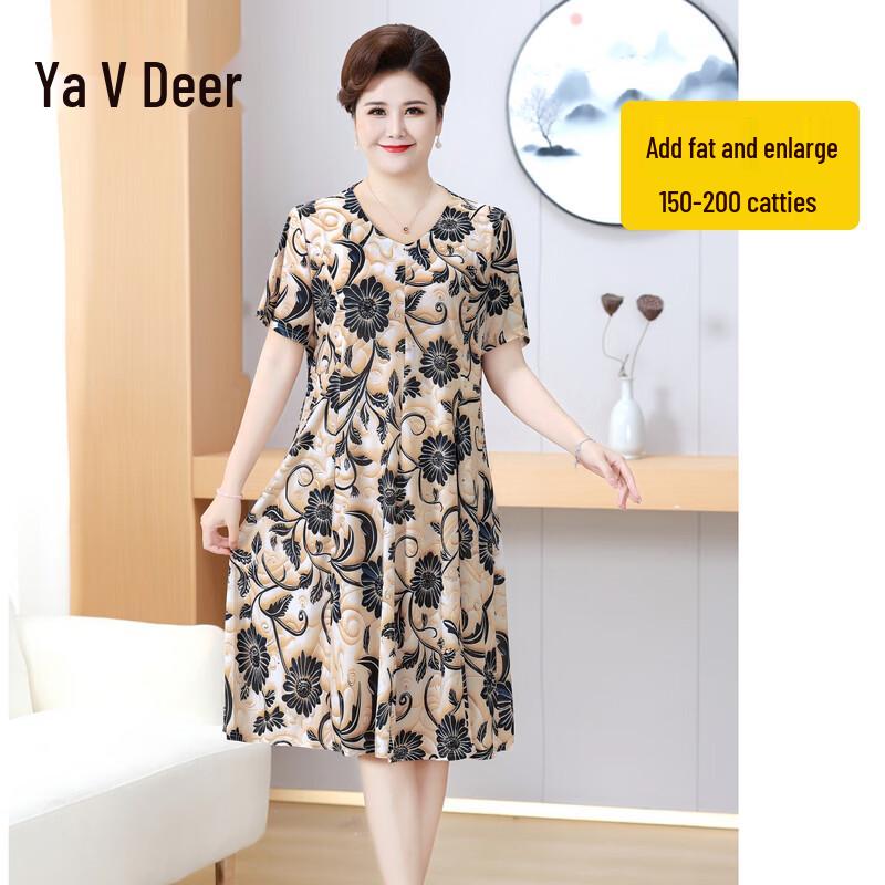 

Yalu Women s Plus Size V-Neck Short Sleeve Floral Ice Silk Dress 8XL