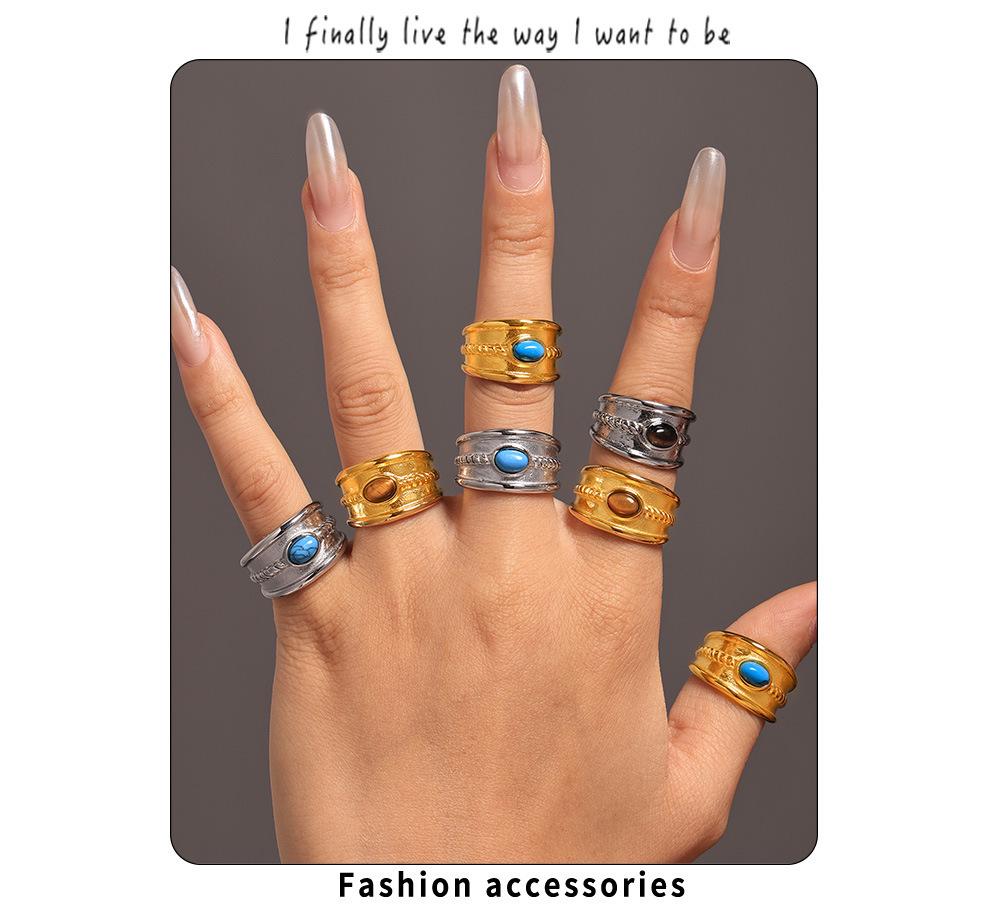 Mili Blue Turquoise Tiger Eye Stone Twist Pattern Stainless Steel Ring for Women, PVD Gold-Plated, Pinky Ring, In Stock