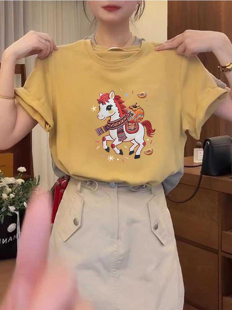 Women's 2026 Pure Cotton Short-Sleeve T-Shirt, Fashionable Red Top, Versatile Base Layer for Spring, Summer, Autumn