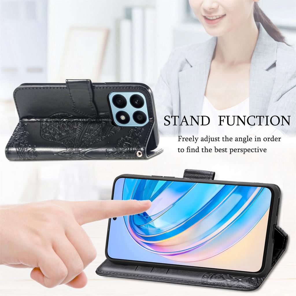 For Honor X8a 4G PU Leather Phone Case Stand Wallet Butterfly Imprinted Flip Cover