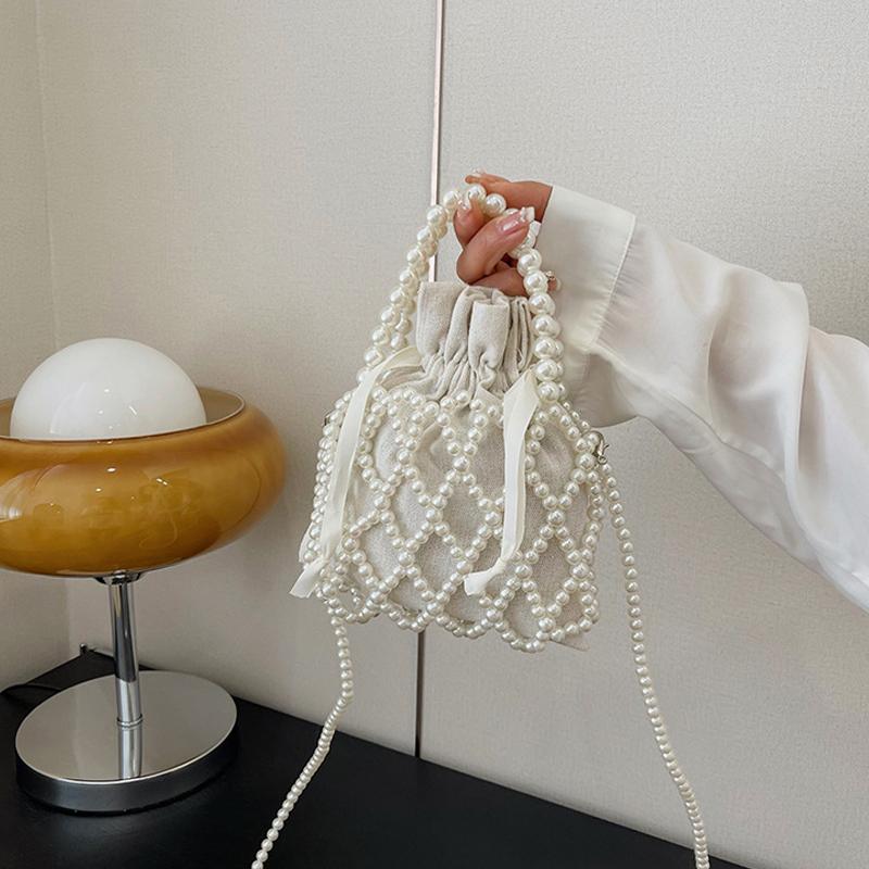 Luxus Perlen Damen Eimer-Tragetasche Gewebte Perlen Umhängetaschen für Damen Kleine Geldbörse Handtasche Lässiger Kordelzug Damen Münzbörse