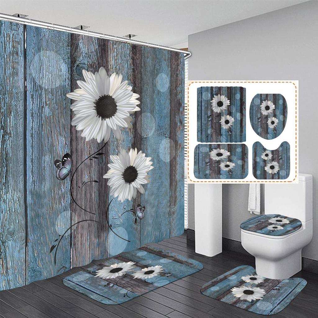 Butterfly Daisy Sunflower Shower Curtain Sets Retro Floral Vintage Country Farmhouse Flower Rustic Wooden Bathroom Decor Sets