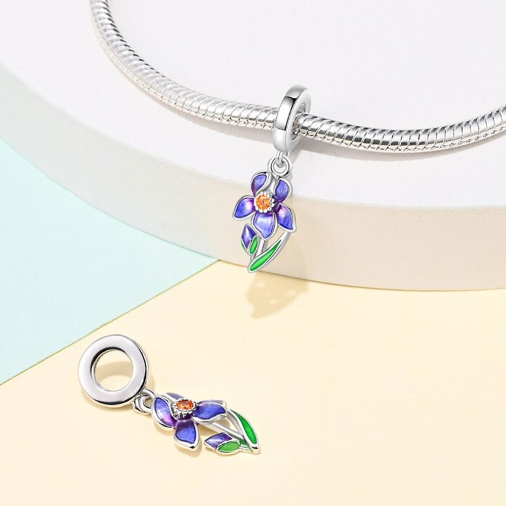 S925 Silver  Iris Flower Pendant Charm Beads for DIY Bracelet Necklace Jewelry Making Craft Supplies