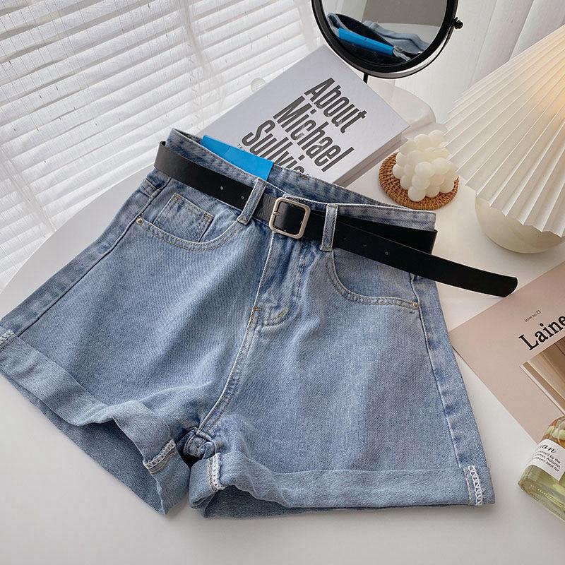 

High-waisted black denim shorts for women s summer students, curled edge loose and thin A-word versatile wide-leg pants, hot pants for women S светло-синий