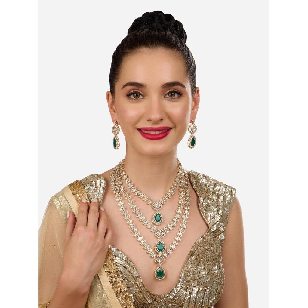 Zielony Błyszczący Kamień Austriackie Diamenty Ozdobiony Warstwowy Naszyjnik i Kolczyki Zestaw Dla Kobiet